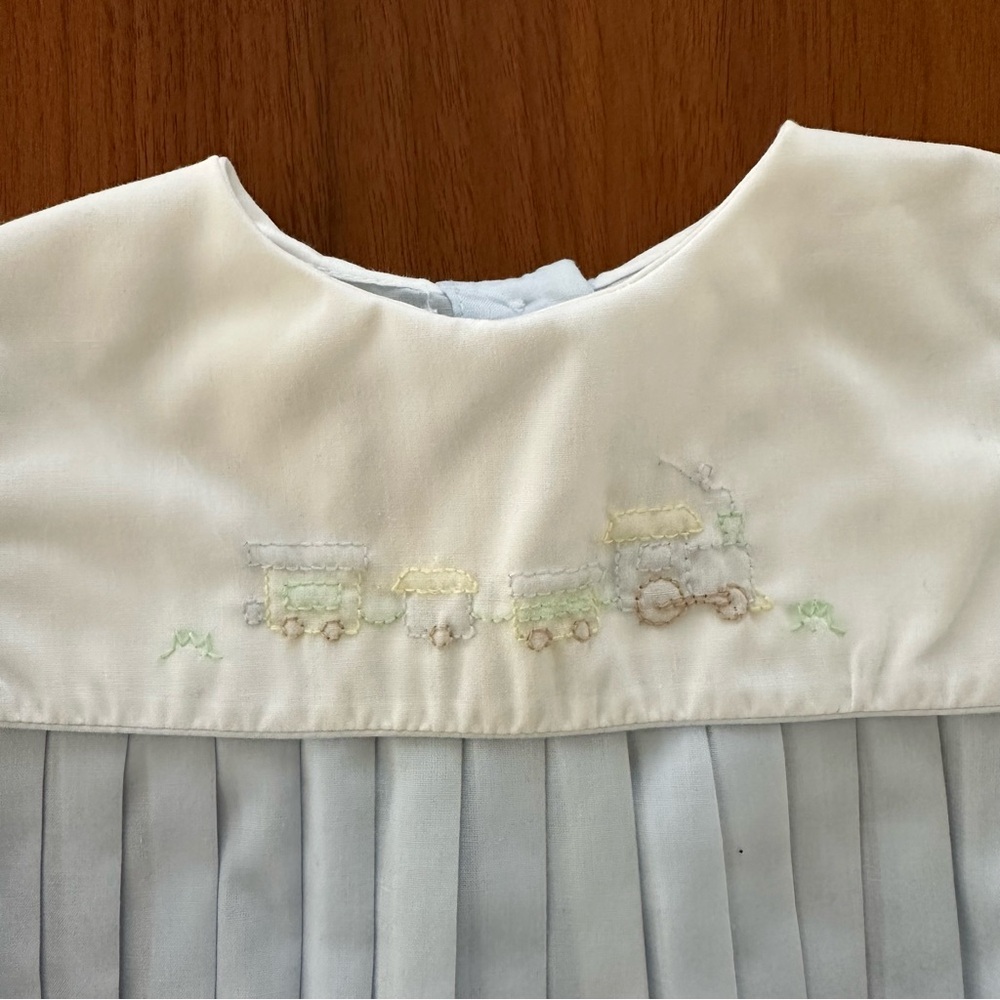 Petit Ami pleated bubble with train embroidery 6 months Light Blue Baby Romper - Picture 2 of 4